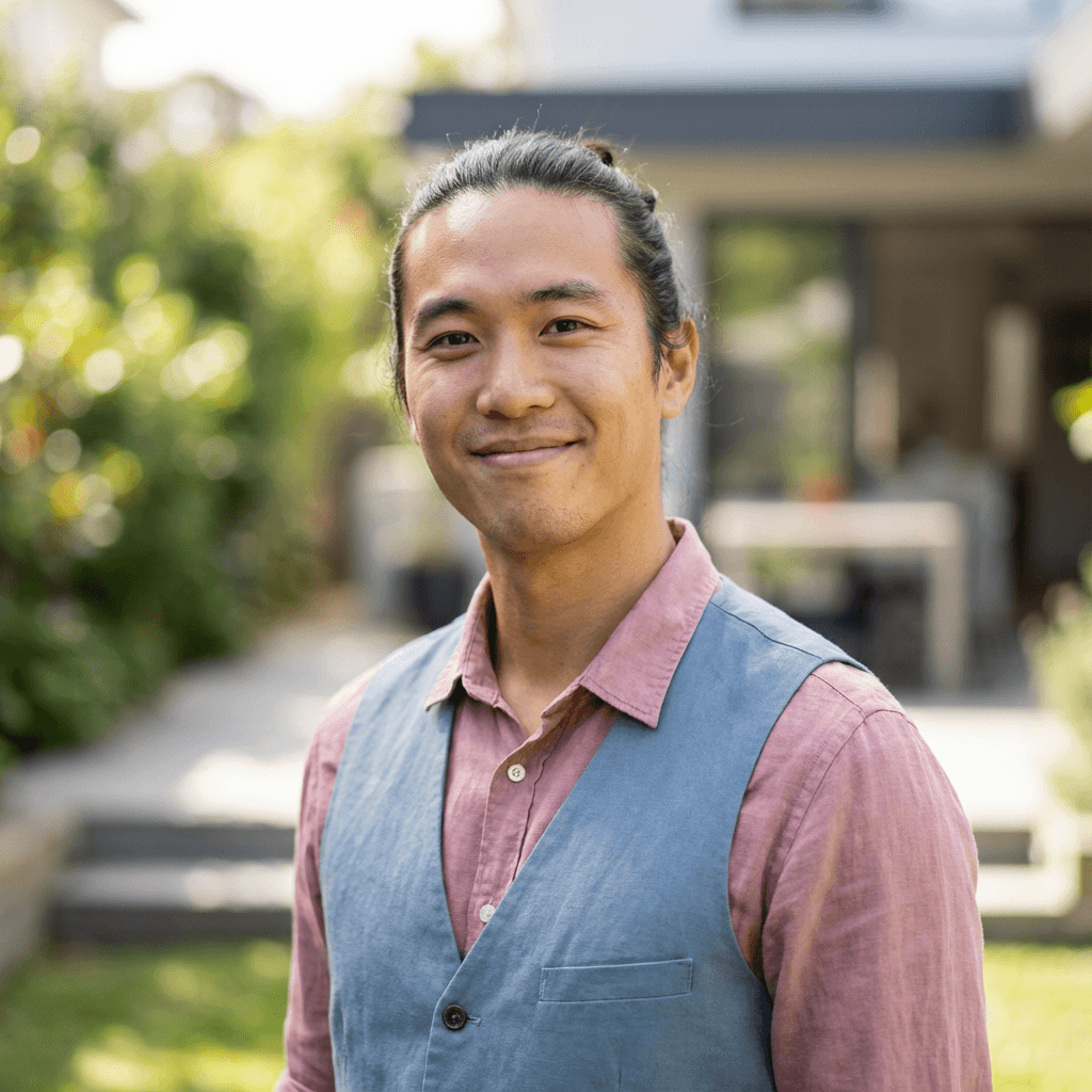 Man standing by a window in a bright apartment