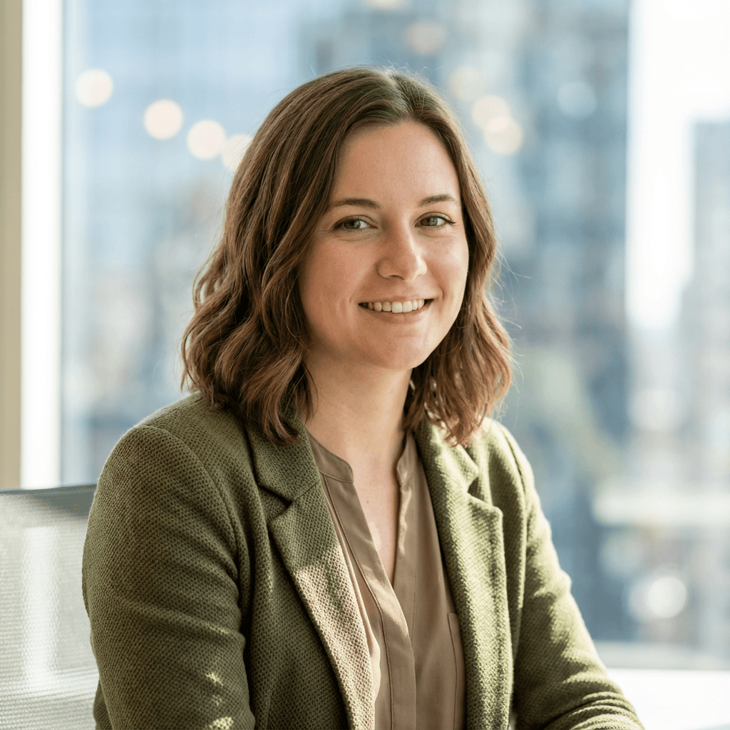 Sarah Mitchell in business casual attire in a bright office