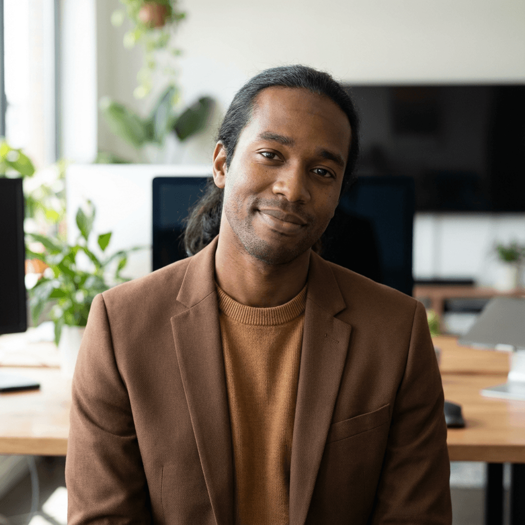 Professional man in a collared shirt standing in a bright office