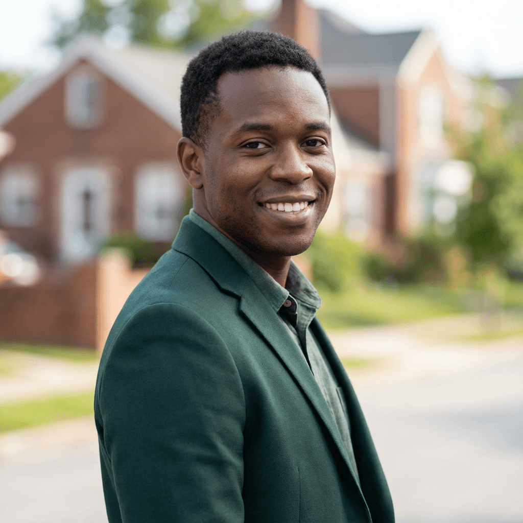 David Okafor standing on his condo balcony with clean windows