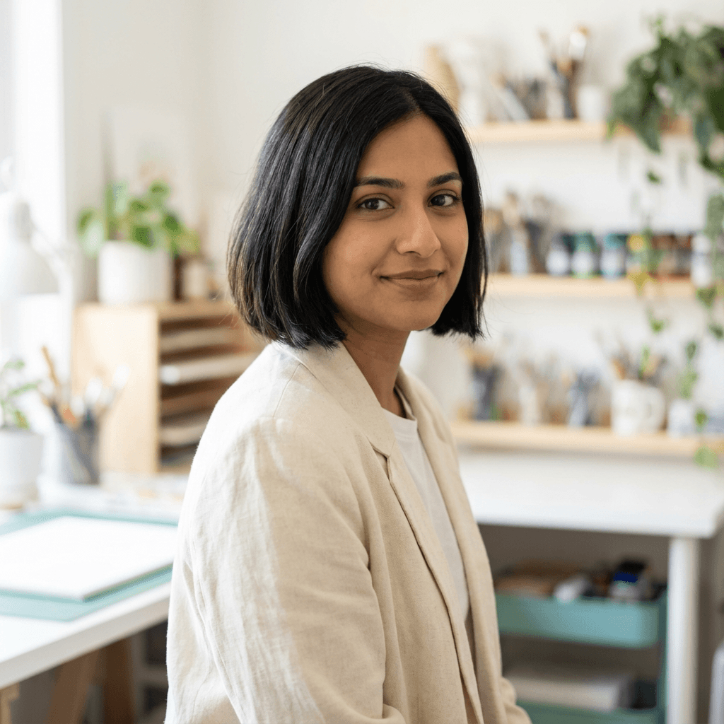 Woman smiling behind a cafe counter with bright windows