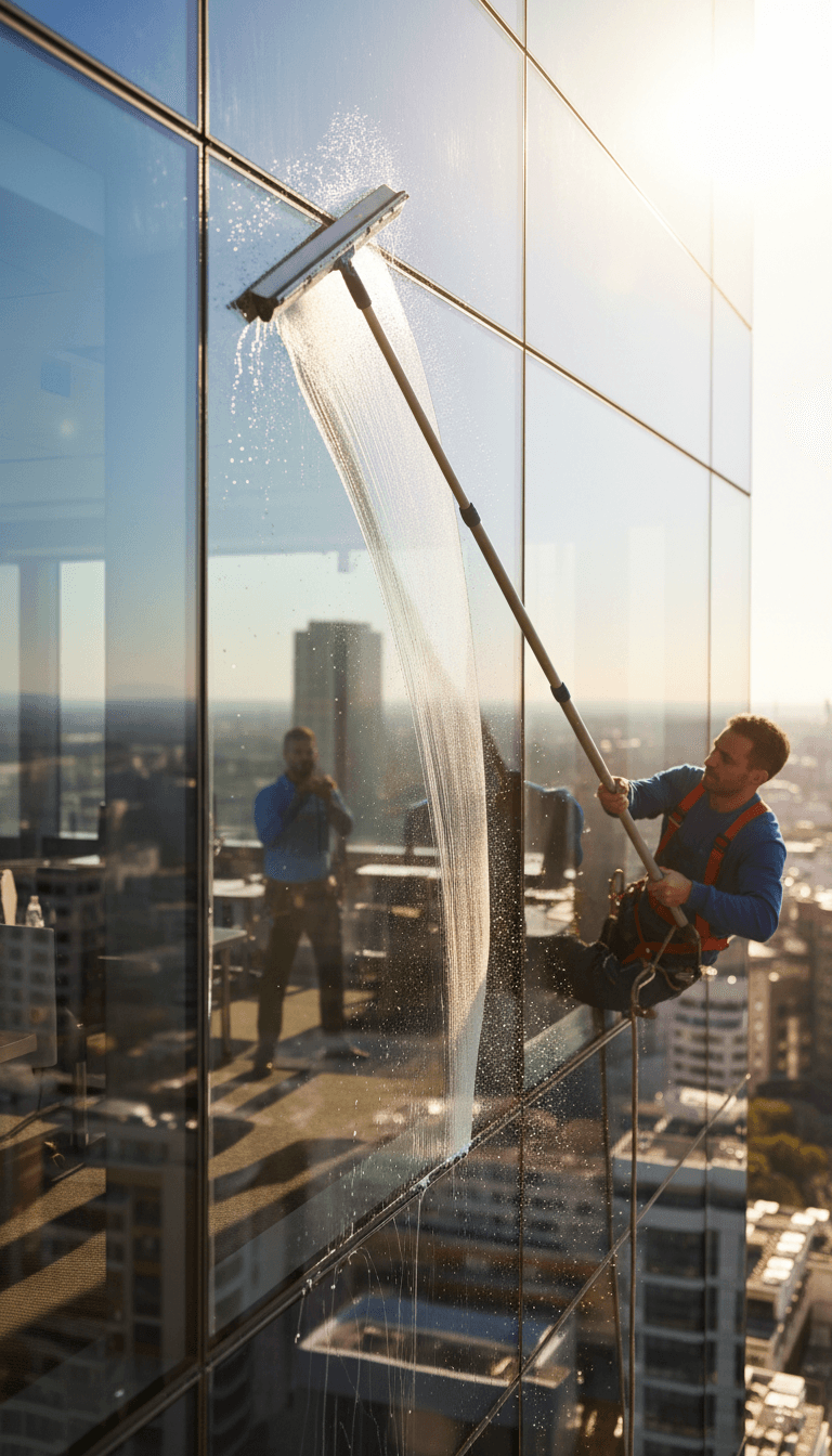 Professional window cleaner working on a shiny glass window
