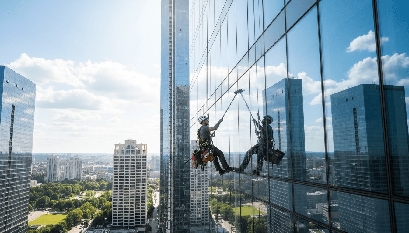 Window cleaner using a squeegee on a large glass window