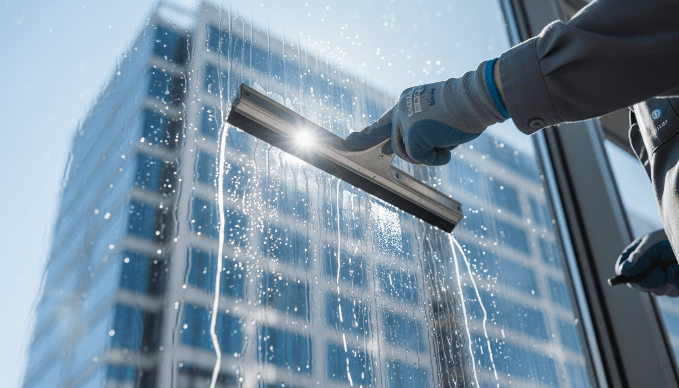 Window cleaner working on a large glass window with a squeegee